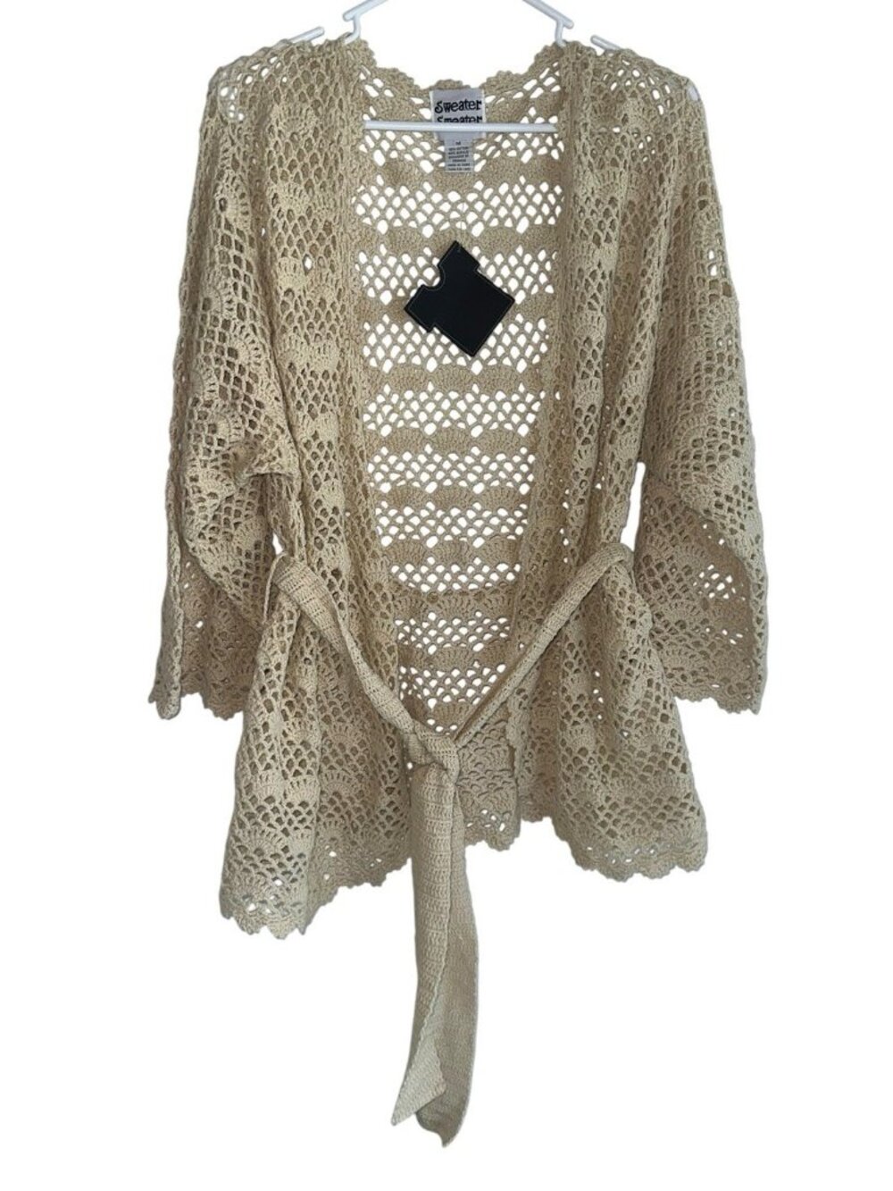 NWT Sweater Sweater Womens Belted Bell Sleeve Crochet Cardigan Sz M Cream Boho